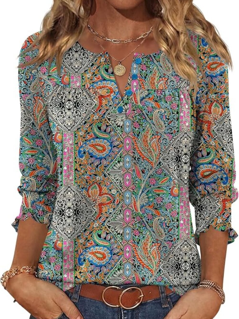 Women’s Multicolor Paisley V-Neck Blouse SzM New With Tags Akewei SzL